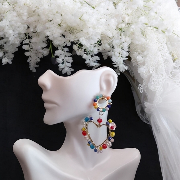 Jewelry - Colorful Beaded Heart Earrings